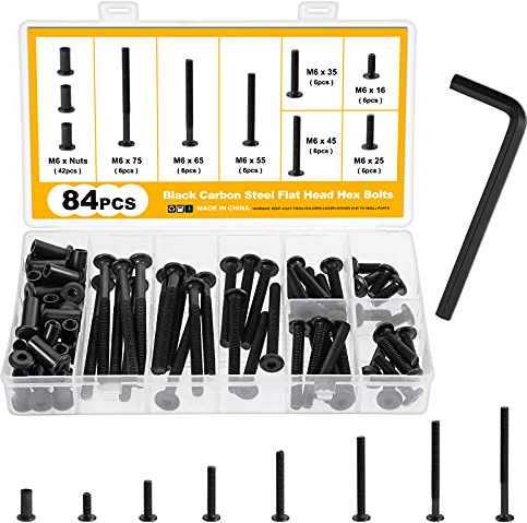 Gueenky 84 Stück Verbindungsschrauben M6, Karbonstahl Möbelverbinder Schrankverbinder, Hülsenschrauben M6 Fit für 8mm Loch, 16-75mm Innensechskantschraube Postbindung für Lederhandwerk DIY