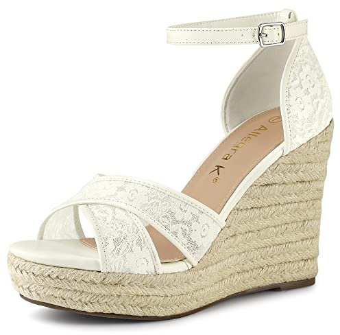 Allegra K Espadrilles à Plateforme en Dentelle pour Femmes Sandales à Talons compensés Blanche 41