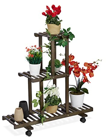 Relaxdays, braun Pflanzenregal, Blumenständer mit 3 Ablagen, Bambus, HxBxT 82 x 81 x 36 cm, rollbar, Blumenregal innen