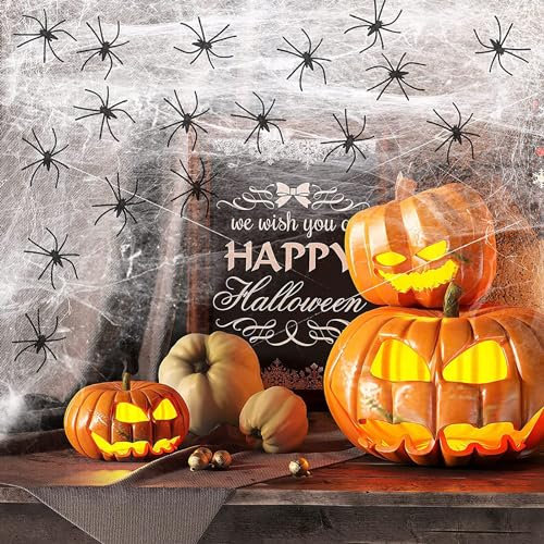 BELSVOR Ragnatela di Halloween 100G, Decorazione di Halloween Ragnatela da 100 g e 35 Ragni Neri, Ragnatele Halloween Decorazioni per finestre/camere da letto/porte/giardino