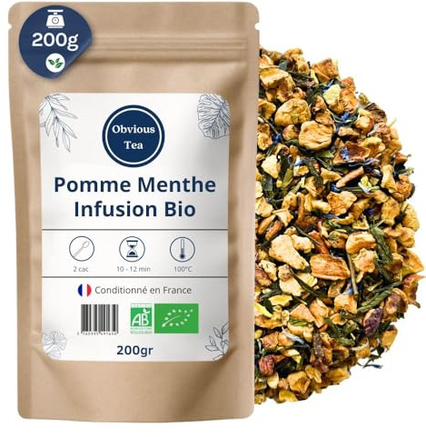 Ekologisk äppel- och mynt-te - Lösbladig blandning av äpple och Sencha grönt te, 100 % naturligt, GMO-fritt - Ekologiskt jordbruk - Förpackad i Frankrike - 200 g påse (100 koppar)