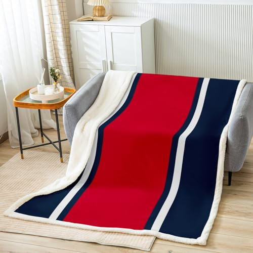 Red Blue Fleece Throw Blanket for Kids Boys Girls Strip Lines Plush Blanket Single 50x60 Sherpa Blanket Bedroom Decor Abstract Fuzzy Blanket