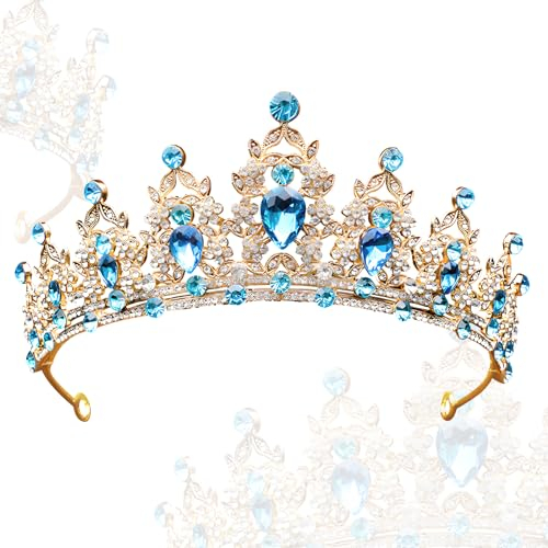 Snowtain Hochzeit Tiara, 1 Pcs Kristalle Prinzessin Krone, Kristall Krone Tiara, Hochzeit Braut Kristall Tiara für Brautkrone,Hochzeit, Abschlussball，Festzug (Blaues Diamantgold)