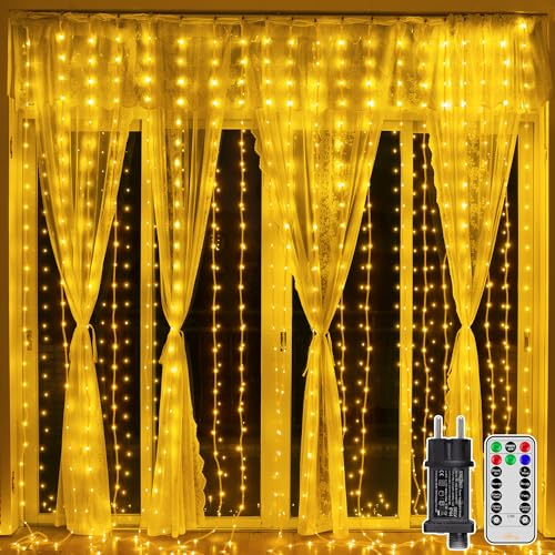 Ollny 3×3m 300 LED Lichtervorhang, Lichterkette aussen mit 8 Modi, IP67 wasserdicht mit Fernbedienung, Timer und Dimmbar, für Weihnachten Tür Wand Party Fenster Balkon (Warmweiß)