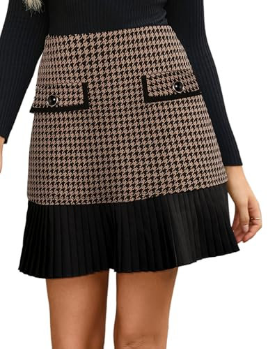 Damen Rock High Waist Faltenrock Tweed Karo Minirock Kurz Karierter Freizeitrock Elegant Mini Short Skirt Taschendekoration Schwarz-KaffeeTweed Karo XXL