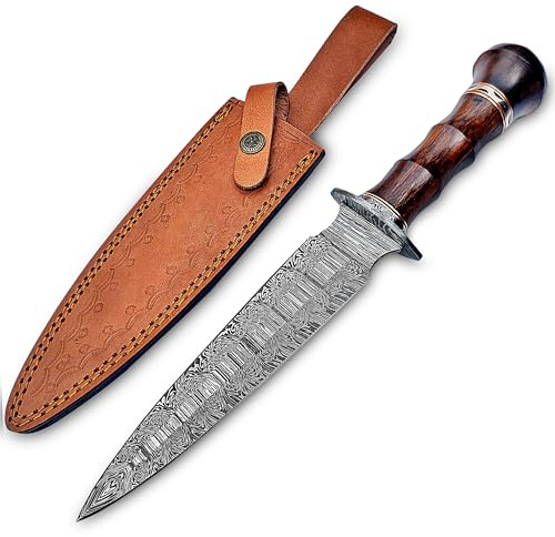WARIVO KNIFE Handmade Damascus Steel Dagger Knife, 13 Inches Hunting knife Perfect Grip with Wood Handle, EDC Fixed Blade Knife With Leather Sheath for Camping, Tactical, Survival