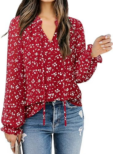 Gaharu Boho Tops Women: Casual Peasant Blouses with Chiffon Ruffles - V-Neck Dressy Shirts for Work - Ladies Fall Summer Red L