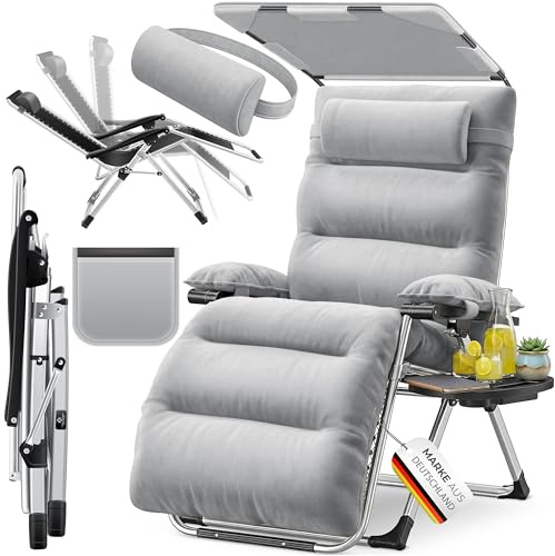 KESSER® Lettino XXL - pieghevole, Resistente alle Intemperie, Portata 200 kg, Rivestimento ergonomico, Schienale regolabile, Portabicchieri e Cuscino per le Braccia, Con Tenda - Grigio