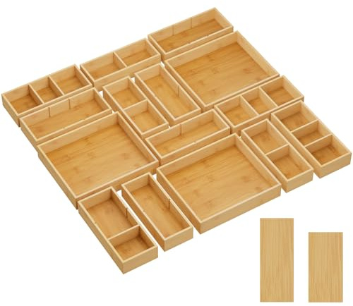 Lifewit Organizadores de Cajones 15 Pack(33 Rejilla) con 18 Inserciones, Divisores Ajustables de Madera de Bambú, Caja de Almacenaje Apilable para Utensilios, Maquillaje, Basura en Cocina, Baño