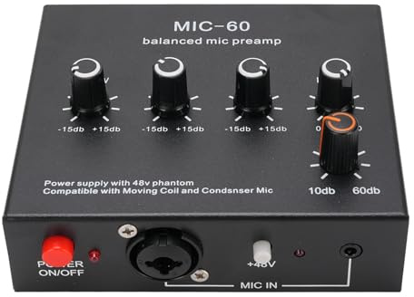 Microphone Preamp Mic Booster, Home Audio Power Amplifier with 3 Input, 60db Gain & 48V Power, Small Stereo Audio Preamplifier for Dynamic and Condenser Mic (With XLR