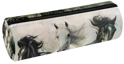 VAPOKF Trousse à crayons en cuir synthétique avec imprimé chevaux noirs et blancs - Trousse de maquillage pour femmes, filles, garçons, enfants - Fournitures scolaires et de bureau, multicolore