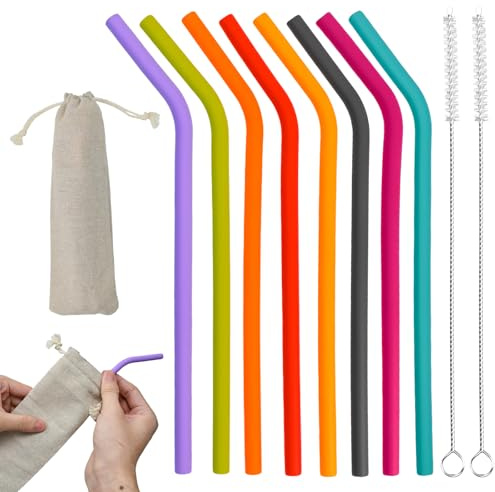 UHETLET 16PCS Pajitas de Silicona Reutilizables, Pajitas de Silicona sin BPA, Cañitas Reutilizables con 2 Cepillos de Limpieza y Bolsa, Paja para Zumo, Cócteles, Leche y Café en Casa, Fiestas o Viajes