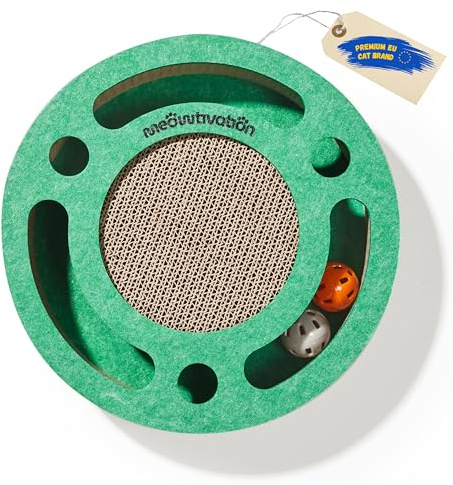 Klösbräda med bollbana och bollar med bjällra – interaktivt kattspel, klöspapp med kattmynta, klösmatta i wellpapp, kattillbehör (Grön)