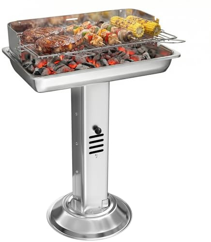 TLGREEN Barbecue à charbon de bois en acier inoxydable, Barbecue à colonne 52*32*84cm, Hauteur réglable en 3 directions, avec grille de chromée, ventilation et Cendrier, Plage, Outdoor, Camping, BBQ