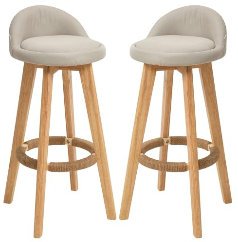 Warmiehomy Bar Stools Set of 2, 360° Swivel Counter Height Stools | Back & Footrest Rubber Wood Legs & Linen Fabric Seat Kitchen Island, Breakfast Bar, Home Office,Dining Room, Restaurant Beige
