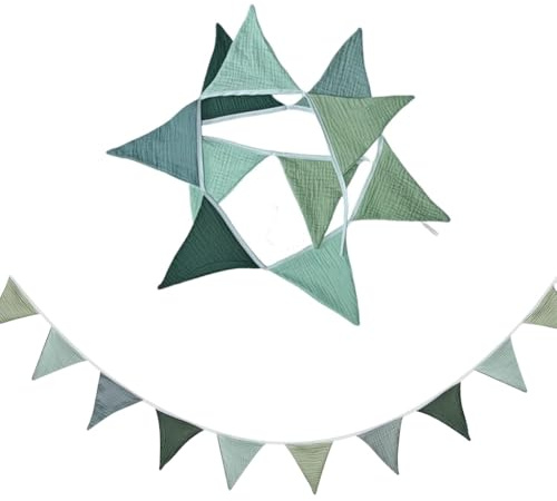 Wimpelkette Kinderzimmer Salbeigrün, Stoff Girlande Morandi Grün für Geburtstagsparty und Babyzimmer Deko, Musselin Baumwolle Wimpelgirlande für Hausbett, Wanddeko Kindergeburtstag Garten Outdoor Part