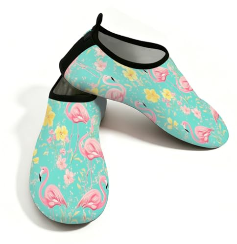 Mexpekil Strand-Wasserschuhe für Damen und Herren, rutschfeste Barfuß-Schwimmschuhe, schnell trocknend, Aqua-Socken, atmungsaktive Wassersocken für Pool, Surfen, Flamingo-gelbe Blumen, 38/38.5 EU