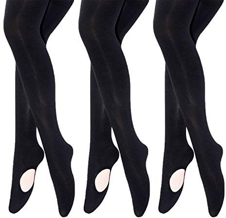 MANZI Women's Solid Color Comfortable Convertible Ballet Tights 3 Pairs Pack, L-XL, Black