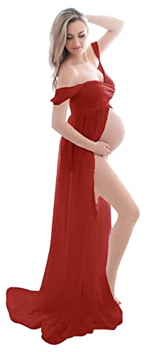 FEOYA - Ropa Embarazadas Mujeres para Sesión de Fotos Vestido Embarazada con Encaje Chifón Mujer Maxi Falda Larga de Fotografia de Maternidad Hombros Descubiertos para Atrezzo Fotografia Fiesta - L