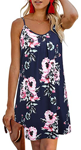 ULTRANICE Dam 2024 sommar casual strandklänningar täckande blommor v-hals spagettirem rygglös mini solklänning, Blå rosa blommig, XL