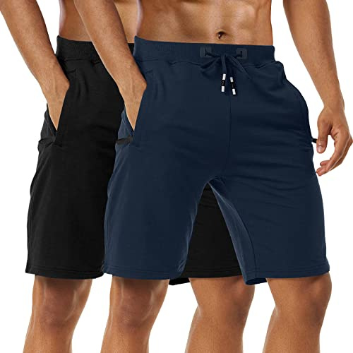 Boyzn Sportshorts för män bekväma träningsshorts i bomull elastisk midja löparshorts med blixtlåsfickor, 2-pack-svart/marinblå, 3XL