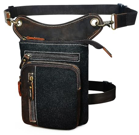 Herren Canvas + Leder Motorrad Reiten Tasche Beinbeutel Beintasche Außenbeintasche Hüfttasche Drop Leg Tasche FB211-6 (X-211-11-Schwarz)