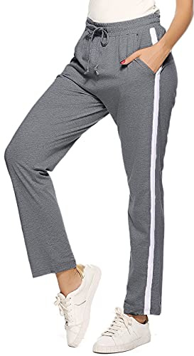 Irdcomps Jogginghose Damen Trainingshose Lang Sporthose Baumwolle High Waist mit Streifen Yoga Hose Freizeithose Weite Damenhose Dunkelgrau S