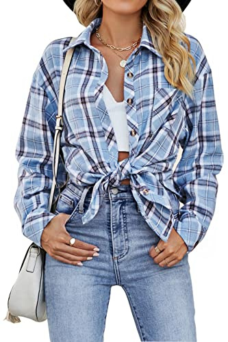 CHYRII Flanellhemden für Damen, mit Knopfleiste, langärmelig, kariert, Shackets, Business, Freizeit, Bluse, Oberteil, Klein
