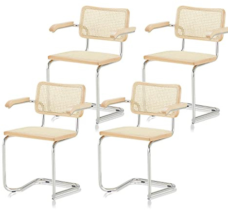 KHG 4er Set Schwingstühle Freischwinger mit Armlehnen Chrom - Rückenlehne und Sitzfläche aus Massivholz Buche und Rattan - Esszimmerstuhl, Küchenstuhl Design Stuhl mit Wiener Geflecht