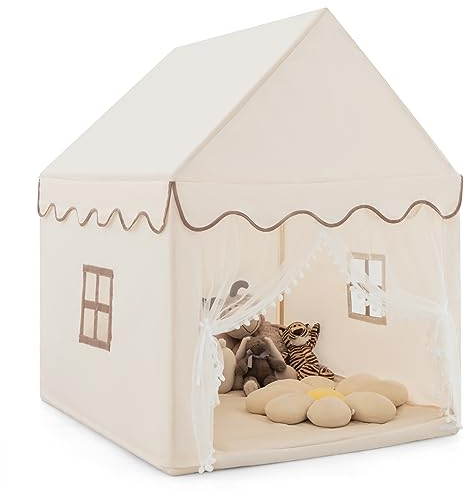 COSTWAY Kinderzelt Indoor, Kinderspielhaus für Jungen Mädchen Prinzess Prinzessin, Kinderspielzelt mit Massivholzrahmen & Baumwolldecke, Kinder Spielhaus für Drinnen, 120x105x140cm, Beige