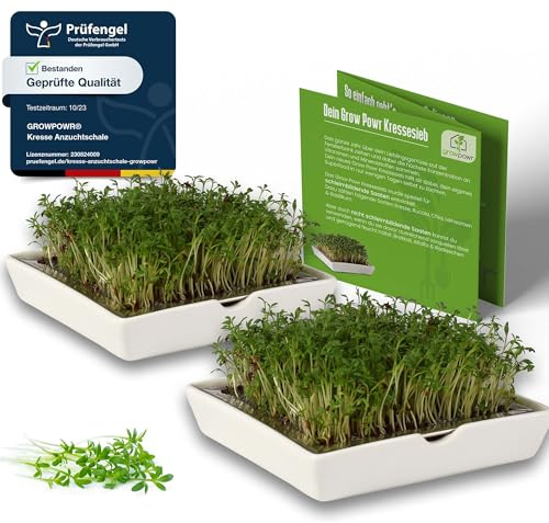 growpowr® - Kresse ANZUCHTSCHALEN || 2X Keramikschale mit 2X Kressesieb | Keimschalen auch für 7 weitere Sprossen geeignet | Kresseschale | Kress | Kresse Schalen | Keimschalen für Kresse | cress