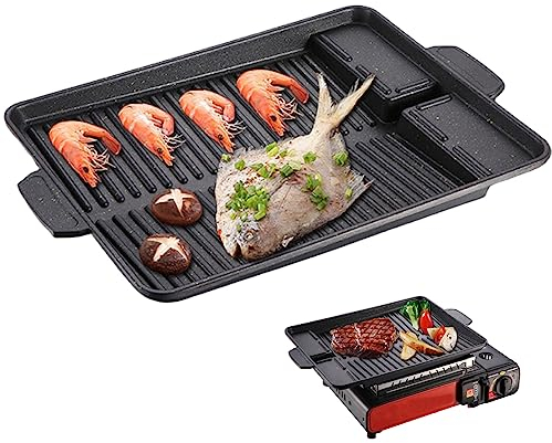 1PC Grill Plate 14.57x10.24 Inch BBQ Grill Rack Grill Non-Stick Cast Iron Griddle Plate Attachment with Handle for Camping Gas Stove, Electric Hob