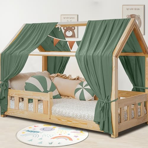Hausbett Himmel Deko Set, Betthimmel Hausbett aus Musselin - 2 Betthimmel & 1 Wimpelkette, für Jungen Mädchen Deko für Kinderzimmer, Baldachin Kinderzimmer Deko I 135 x 270cm Dunkelgrün