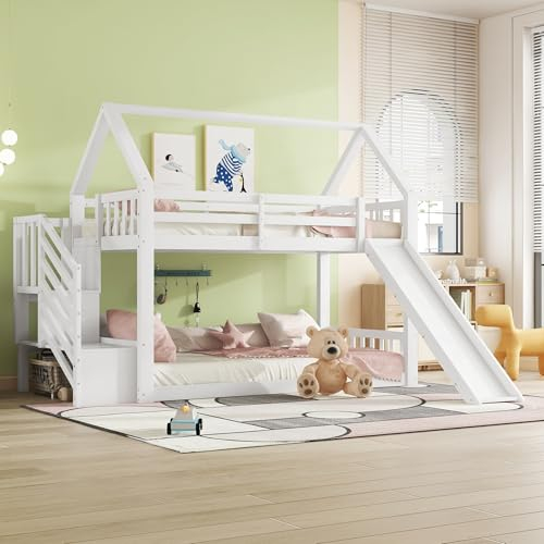 Kinderbett Etagenbett 90x200cm, Hausbett Hochbett mit Treppe und Rutsche, Multifunktionsbett Holzbett Baumhausbett Spielbett Stockbett Bettgestell mit Rausfallschutz & Lattenrost, Ohne Matratze, Weiß