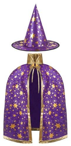 AYBUY Costume de Sorcière D'halloween pour Enfants, Cape du Magicien D'halloween avec Chapeau Cape de Sorcier Sorcière Enfant Cosplay Costume pour Fête de Cosplay D'halloween Garçon Fille,Violet