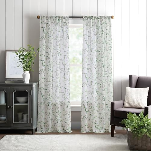 Martha Stewart Sheer Curtains Floral Botanical Kensington Flower Garden Rod Pocket Window Curtain Panel Pair, 84, Multi Green