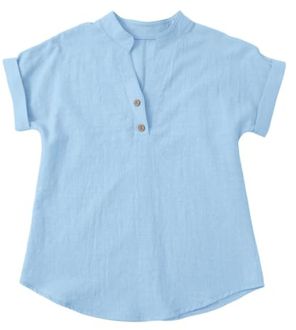 Mjjsk T-shirt d'été léger et doux en lin respirant à manches courtes et col en V pour filles, bleu clair, 12-13 ans