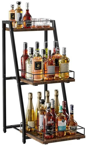 Nuovoware 3-Tier Abgestufte Liquor Cabinet Mini Bar, Weinregal Freistehend Boden für Whiskey, Ecke Liquor Flasche Display Regal mit Zäunen Slide Schublade für Home Küche Esszimmer Wohnzimmer, Schwarz