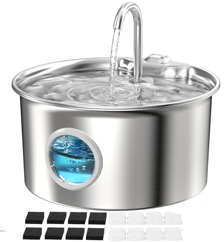 Fontaine Eau Chat INOX: Fontaine Chat Acier Inoxydable Automatique - 2,6L Silencieuse Distributeur d'eau Électrique avec Robinet pour Petit Chien - Filtre Multicouche avec 8 Filtres + 8 Éponges