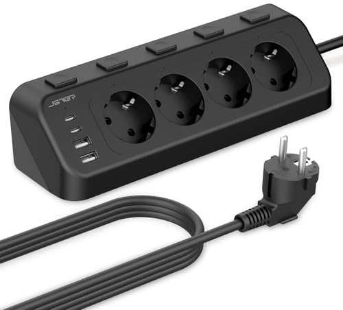 Regleta Enchufes USB C, JSVER Powerstrip de Esquina con Interruptores Individuales, 4 Tomas Regleta con 2 USB-C y 2 Puertos USB-A,Cable de 2 m para hogar, la Oficina y los Viajes-Negro