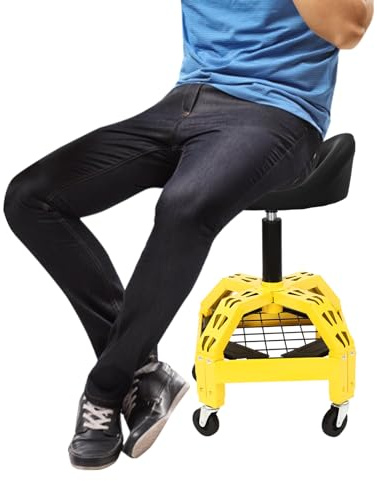 Tyvotrend Taburete de taller, altura ajustable, 45,7 – 63,5 cm, asiento de taller telescópico con ruedas giratorias de 360° y estantes, taburete para reparación de coches, hasta 130 kg