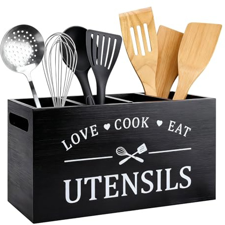 Kitchen Utensils Holder, 4 Compartment Wood Cutlery Holder with Drainage Bottom Removable Divider, Farmhouse Utensil Organiser Cutlery Caddy, Wooden Cooking Tools Storage for Countertop (Black)