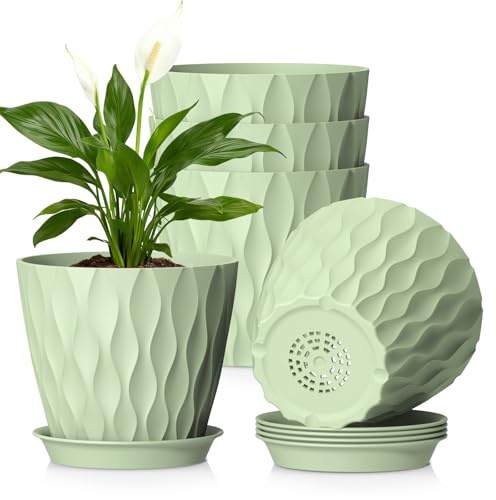 WSMKSZ 17,6 cm Blumentopf, 5er Set Dick Kunststoff Pflanztöpfe mit Untersetzer und Abflusslöchern, 3D-Wellentextur Übertopf für Bogenhanf, Grünlilie & Innen Außen Pflanzen, Grün
