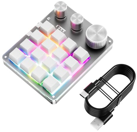Sxhlseller Programmerbart Makrotangentbord, 16 Tangenter Enhandstangentbord med Volymkontroll för Surfplatta, PC, 3 Vred, USB Wired BT Mode (WHITE)