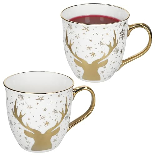 MamboCat 2er Set Jumbobecher mit Goldrand Hirsch I 450 ml I Porzellan Tassen weiß & gold I Winterliches Becher-Set für 2 Personen I für Kaffee, Tee, Glühwein & andere Heißgetränke