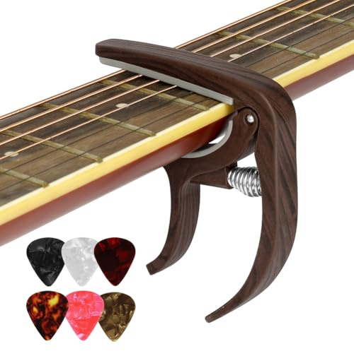 Aomig Kapodaster gitarr stämapparat gitarr tillbehör gitarr capo med 6 plektrum universal clip-on stämapparat exakt tuner för alla instrument gitarr ukulele gitarrtillbehör träkorn
