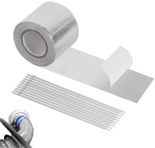 Ruban adhésif d'isolation de tuyaux – 5 cm x 20 m, enveloppe d'échappement avec attaches de câble en acier inoxydable, résistant aux hautes températures | Bouclier thermique polyvalent pour voiture