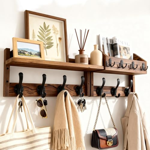 GUDGI 29 Wooden Wall Mounted Coat Rack with Shelf- 4-in-1 Entryway Organizer with 11 Hooks (7 Coat Hooks + 4 Key Hooks), Mail Holder & Display Shelf for Living Room, Bedroom (NOT Come Assembled)
