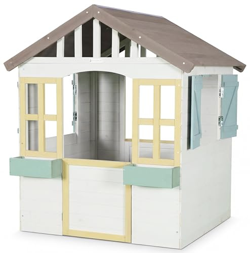 WONDERMAKE® Design Casa de juegos infantil de madera con 2 jardineras y puerta + ventana magnética, casa de juegos para niños a partir de 3 años, resistente a la intemperie, pequeña y alta, jardín