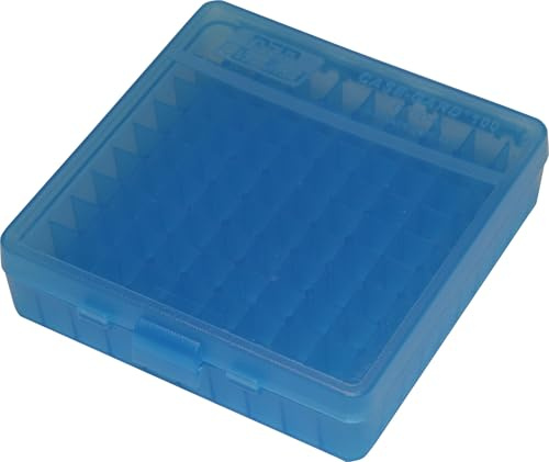 Caja para munición MTM, 40/45/10 mm, cal. 100, redonda con tapa abatible - P-100-45-24, Transparente Azul